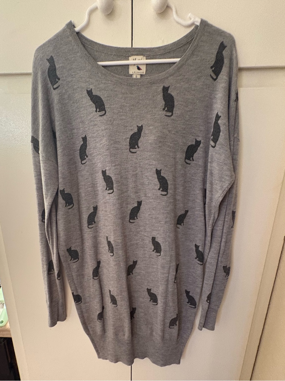 Grey Long-Sleeve Cat Print Sweater Dress